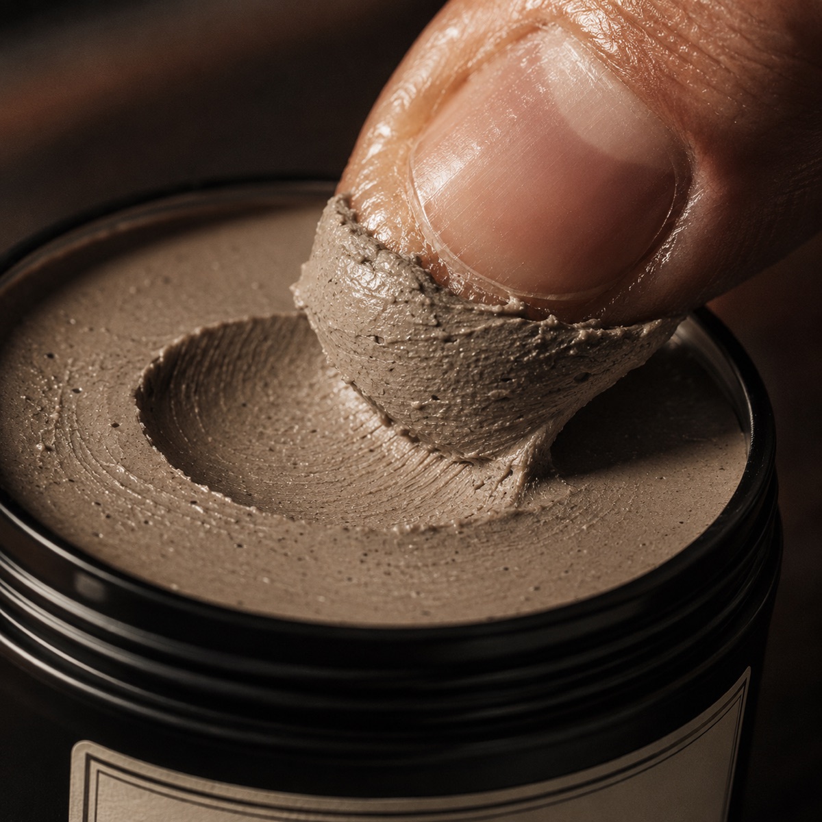 Matte clay texture — fingertip scooping from open tin