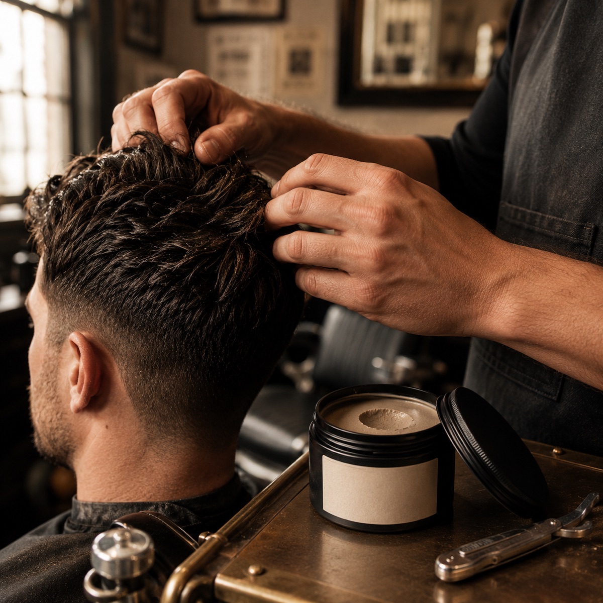 Barber working clay through a client's hair