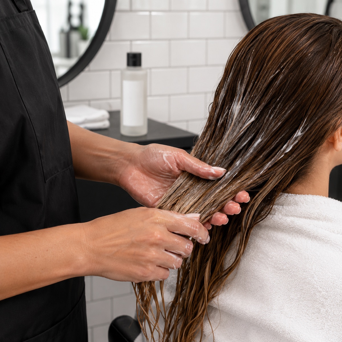Stylist working conditioner through long damp hair