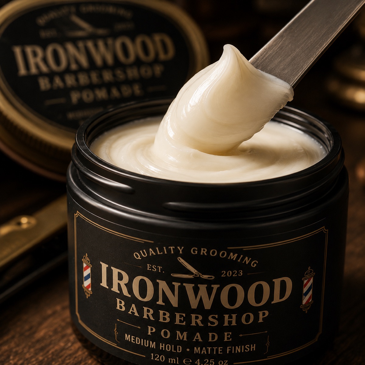 Glossy pomade texture on a barber's spatula