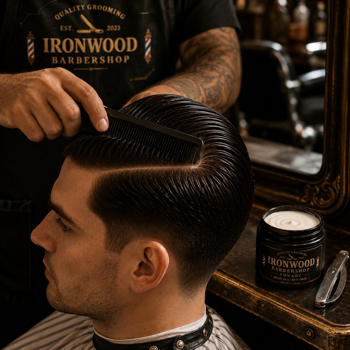 Barber combing a slick-back side-part