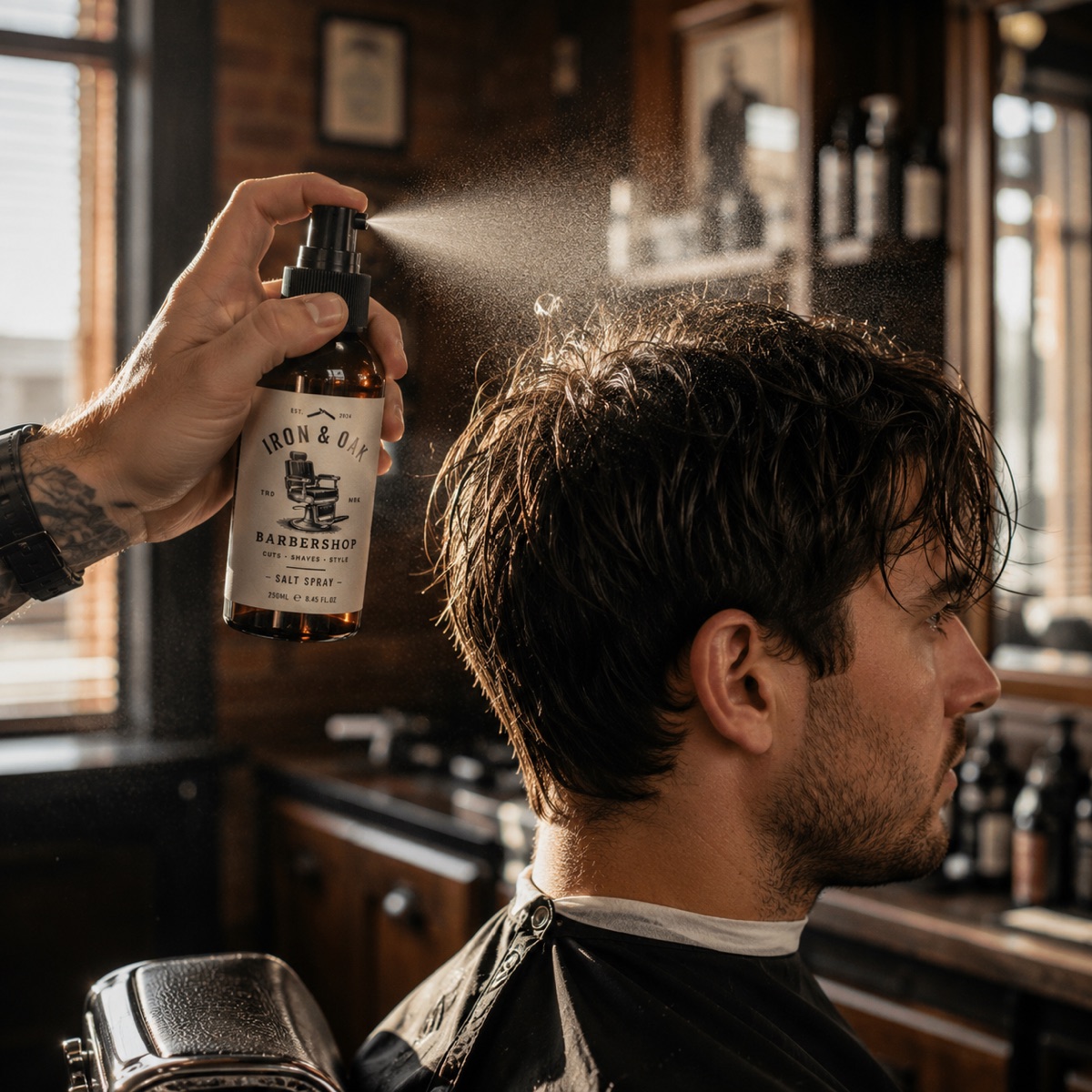 Barber misting salt spray onto a client's damp hair