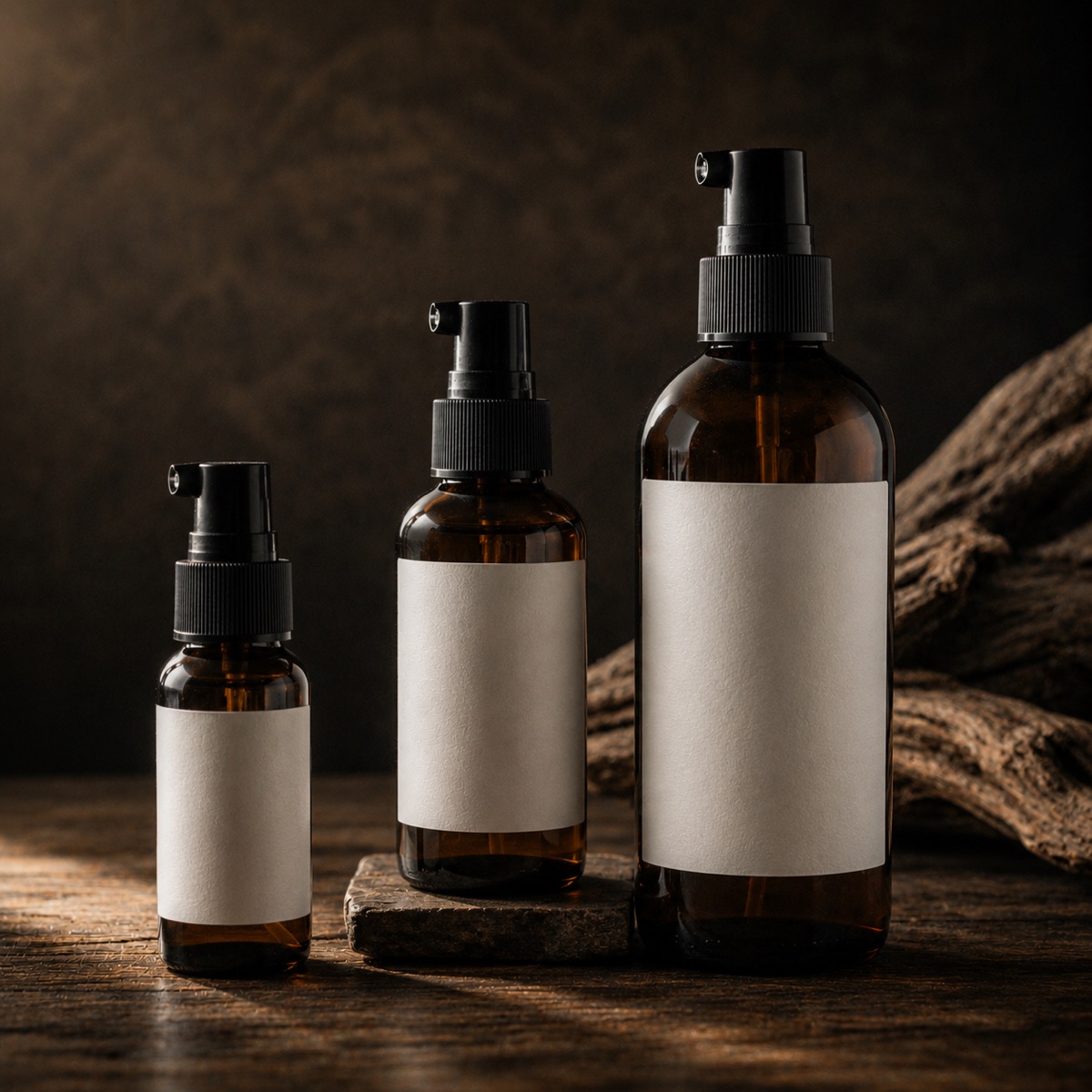 Three sizes of unbranded amber spray bottles