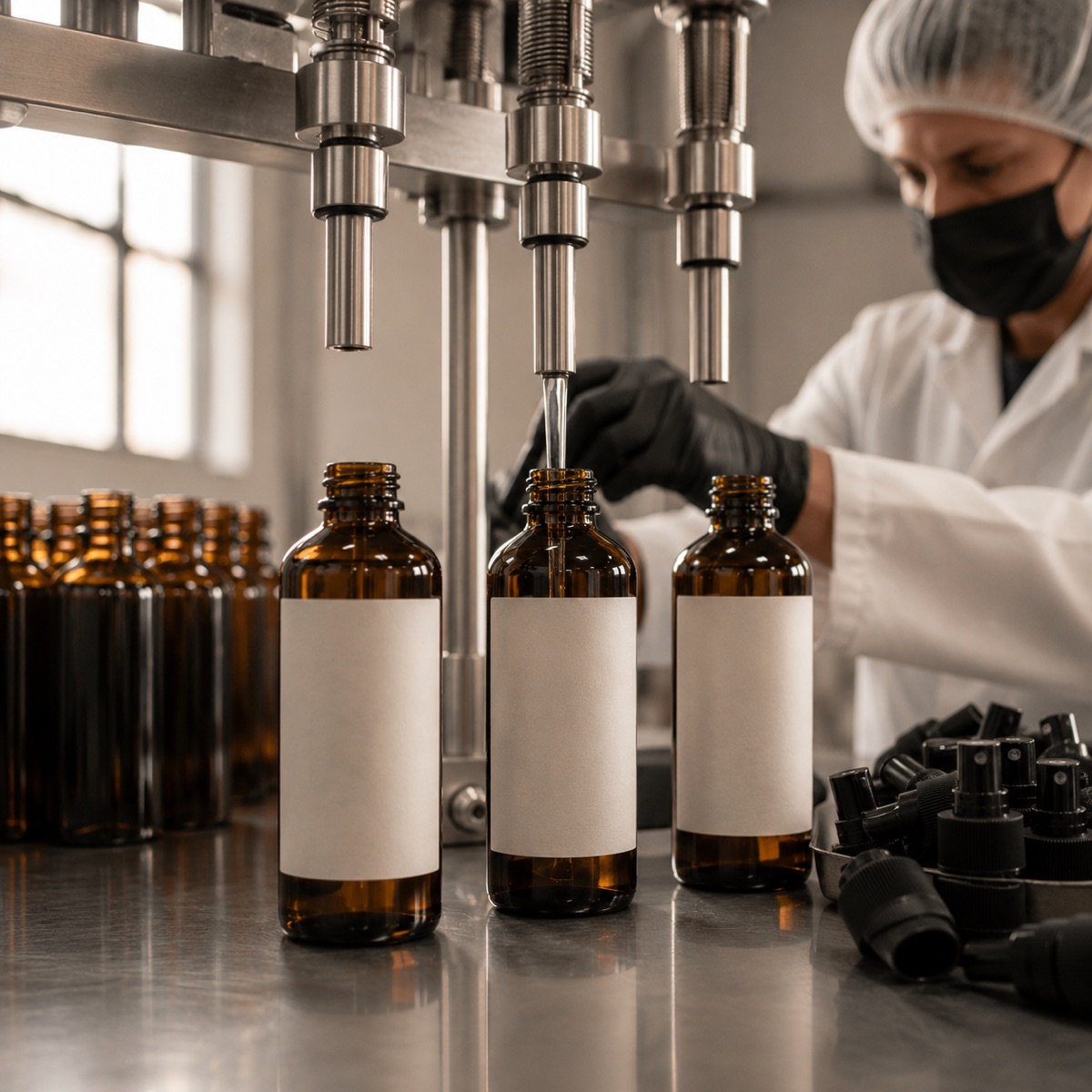 Amber spray bottles being filled at the Sydenham facility