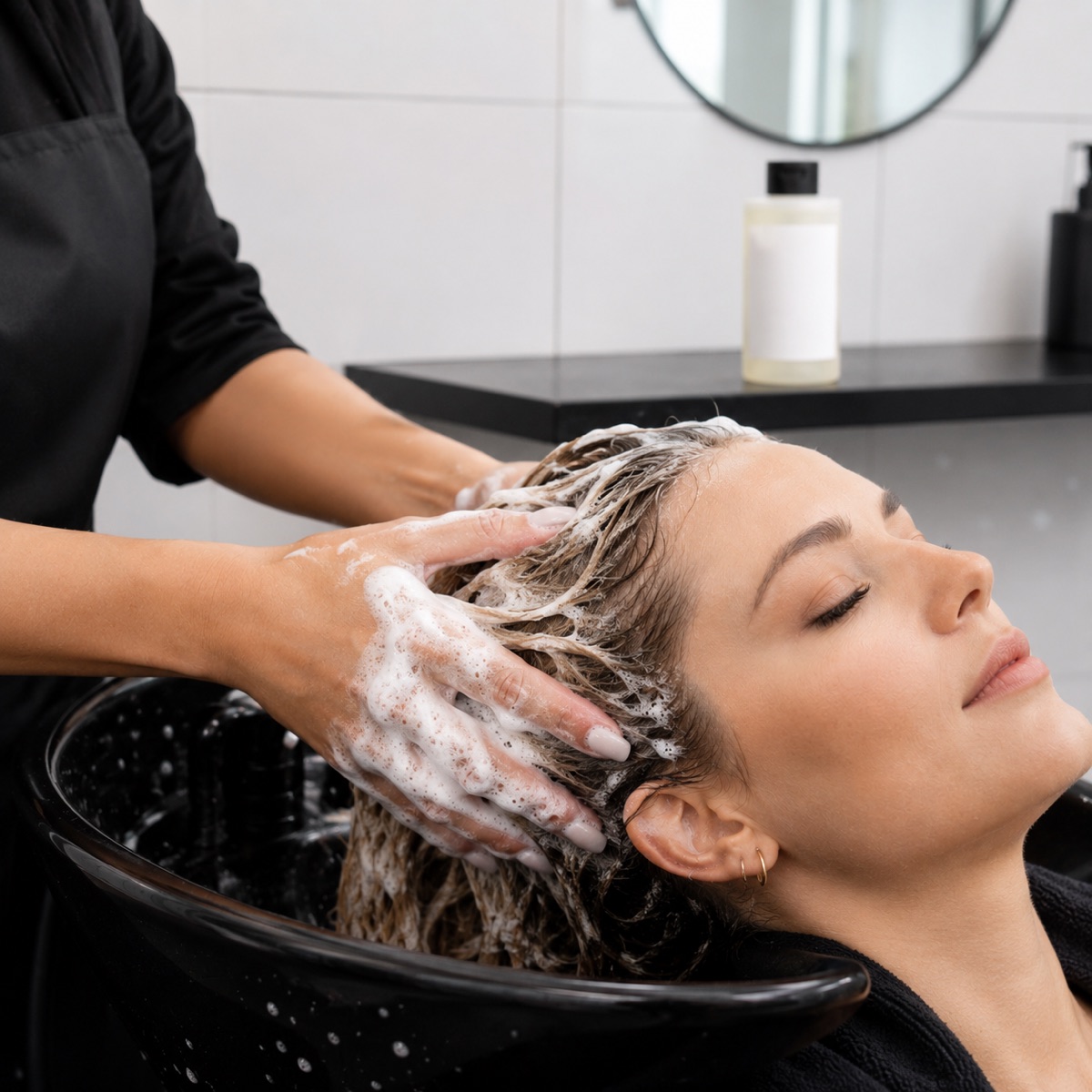 Colourist lathering shampoo at a salon basin