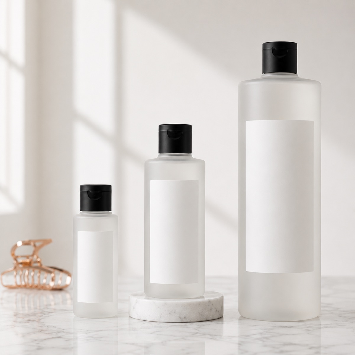 Three sizes of unbranded frosted shampoo bottles